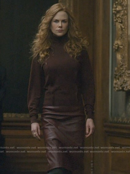 Grace's burgundy lace panel sweater and leather skirt on The Undoing