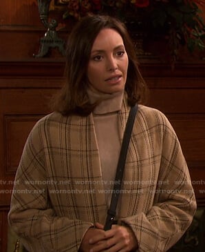 Gwen's beige plaid collarless coat on Days of our Lives