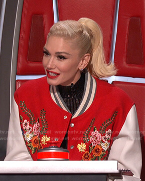 Gwen’s red floral embroidered bomber jacket on The Voice