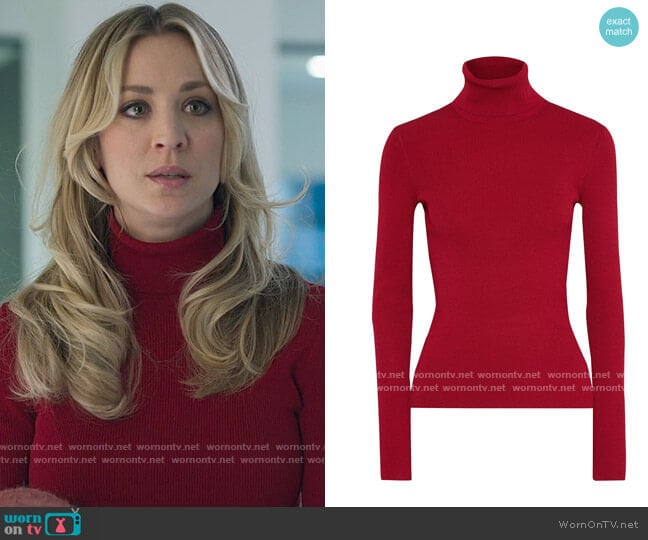 Helmut Lang Ribbed-knit turtleneck top worn by Cassie Bowden (Kaley Cuoco) on The Flight Attendant