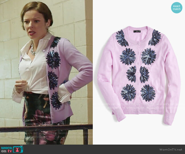 J. Crew Sequin Flower Jackie Cardigan worn by Rose Monreaux (Aubrey Dollar) on Filthy Rich