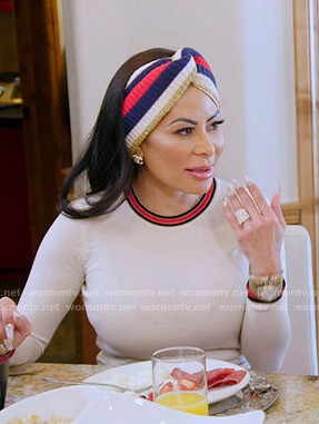 Jen’s white and red striped trim sweater on The Real Housewives of Salt Lake City