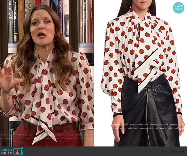 Ancient Anecdotes printed blouse by Johanna Ortiz worn by Drew Barrymore on The Drew Barrymore Show