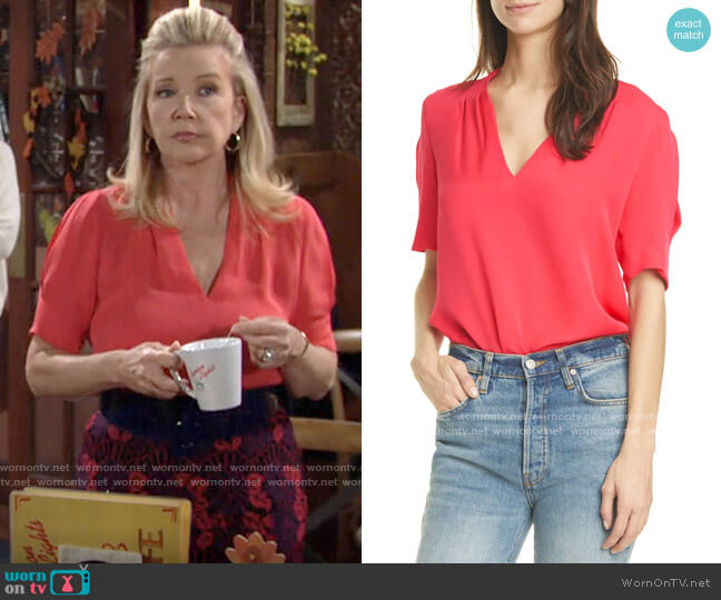 Joie Ance Blouse in Dragonfruit worn by Nikki Reed Newman (Melody Thomas-Scott) on The Young and the Restless