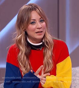 Kayley Cuoco’s colorblock sweater and striped skirt on The Kelly Clarkson Show