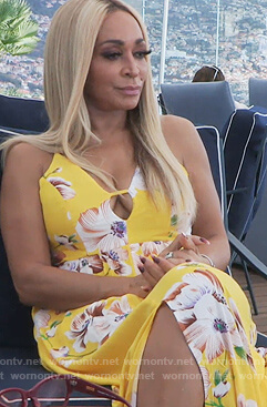 Karen's yellow floral maxi dress on The Real Housewives of Potomac