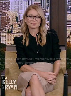 Kelly's black puff elbow-sleeve blouse and pencil skirt on Live with Kelly and Ryan