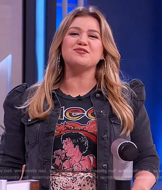 Kelly’s black puff denim jacket and printed skirt on The Kelly Clarkson Show