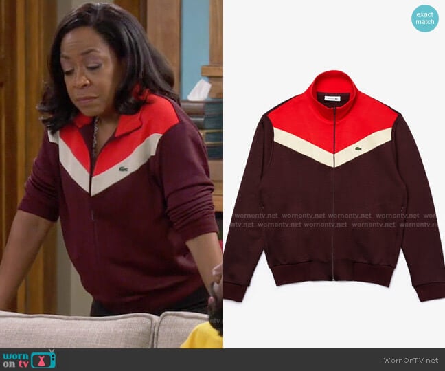 Lacoste Color-Block Fleece Zip Up Sweatshirt worn by Tina Butler (Tichina Arnold) on The Neighborhood