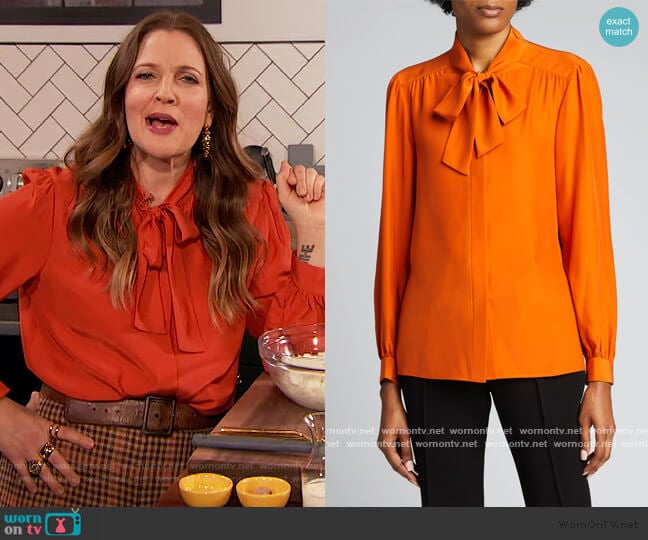 Cecile Tie-Neck Matte Silk Blouse by Lafayette 148 New York worn by Drew Barrymore on The Drew Barrymore Show