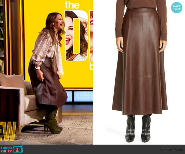 Sumner Plonge Leather Midi Skirt by Lafayette 148 New York worn by Drew Barrymore on The Drew Barrymore Show