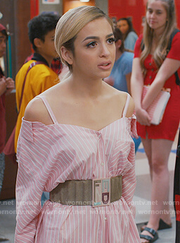 Lexi’s pink stripe cold shoulder dress on Saved By The Bell