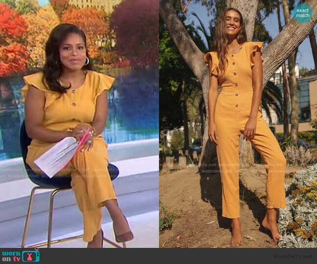 Wornontv sheinelle s yellow ruffle jumpsuit on today sheinelle jones