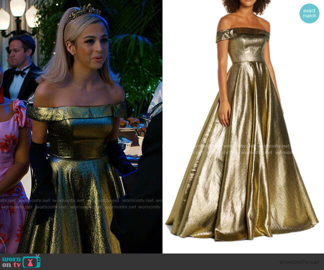 Off the Shoulder Metallic Ballgown by Mac Duggal worn by Lexi (Josie Totah) on Saved By The Bell