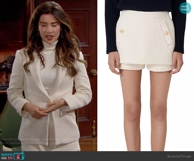 Maje Iandra Layered Tweed Skort worn by Steffy Forrester (Jacqueline MacInnes Wood) on The Bold and the Beautiful