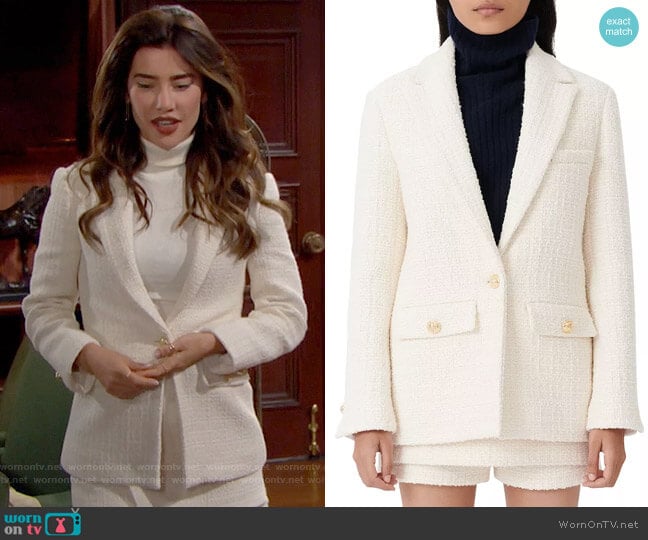 Maje Vandra Wool Tweed Blazer worn by Steffy Forrester (Jacqueline MacInnes Wood) on The Bold and the Beautiful