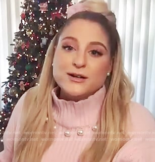 Meghan Trainor’s pink pearl embellished sweater on E! News Daily Pop