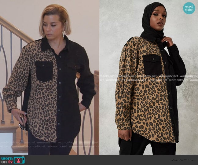 Black super oversized leopard print panel shirt by MissGuided worn by Robyn Dixon on The Real Housewives of Potomac