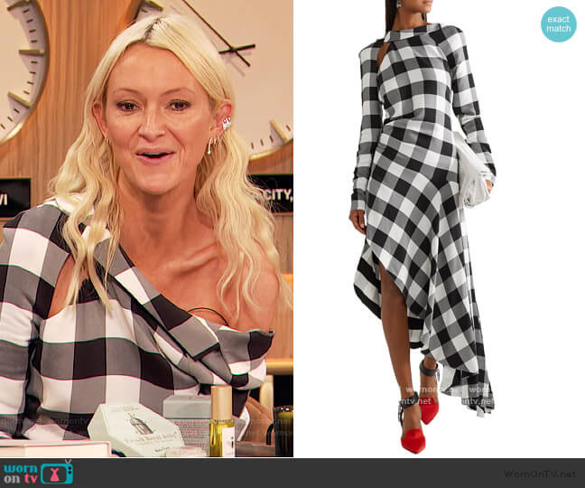 Asymmetric cutout gingham crepe midi dress by Monse worn by Zanna Roberts on The Drew Barrymore Show