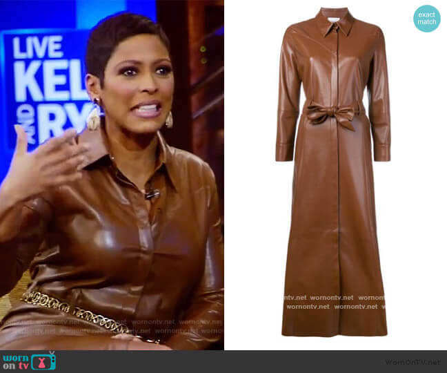 waist-tied trench dress by Nanushka worn by Tamron Hall on Live with Kelly and Ryan