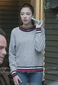 Natalie's gray stripe trim sweatshirt on The Unicorn