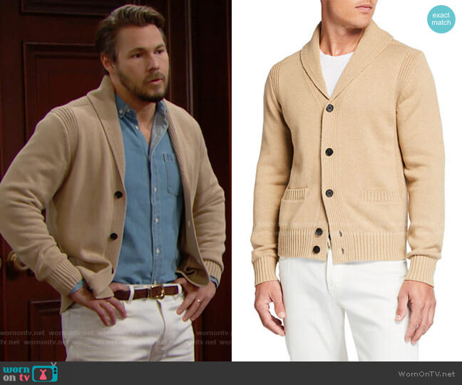 Neiman Marcus Melange Cotton Shawl-Collar Cardigan Sweater worn by Liam Spencer (Scott Clifton) on The Bold and the Beautiful