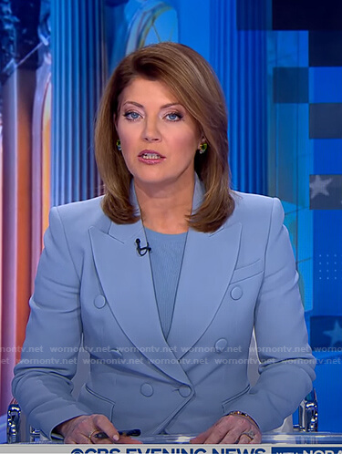 Norah’s blue blazer and flare pants on CBS Evening News