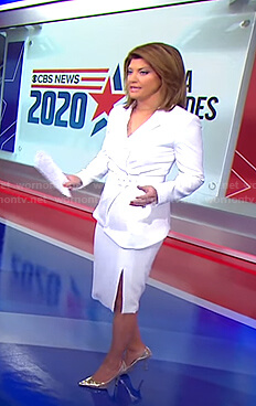 Norah’s white belted blazer on CBS Evening News