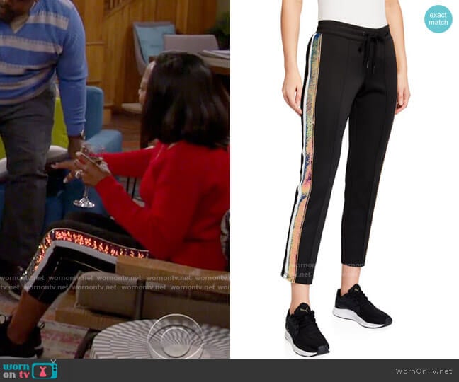 Pam & Gela Sequined-Stripe Cropped Track Pants worn by Tina Butler (Tichina Arnold) on The Neighborhood