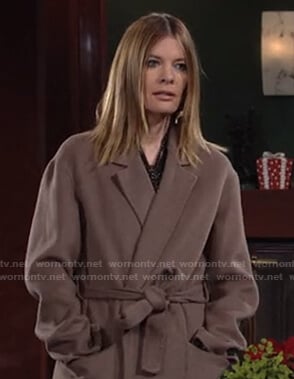 Phyllis’s taupe wrap coat on The Young and the Restless