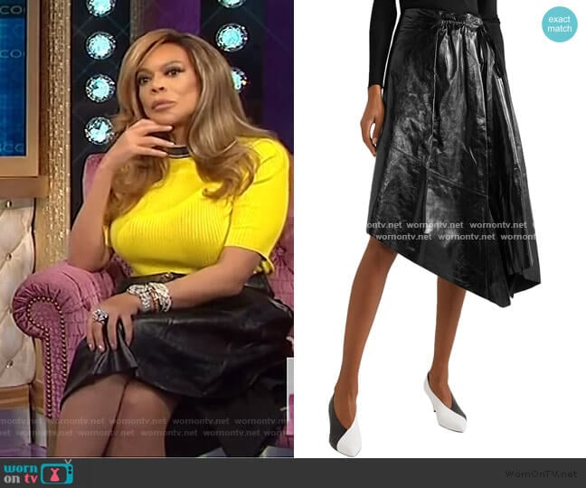 Asymmetric crinkled glossed-leather midi skirt by Proenza Schouler worn by Wendy Williams on The Wendy Williams Show