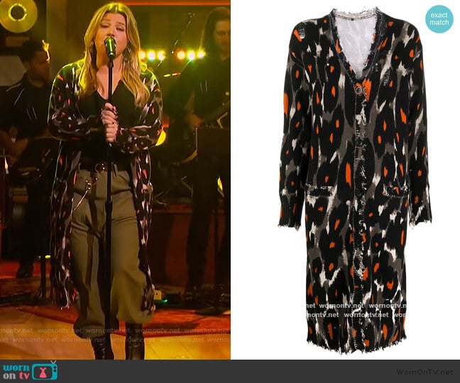 leopard-print longline cardigan by R13 worn by Kelly Clarkson on The Kelly Clarkson Show