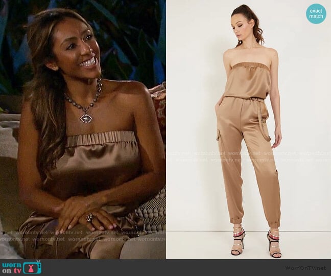 Silk Strapless Jumpsuit with a Cargo Pocket by Randi Rahm worn by Tayshia Adams on The Bachelorette