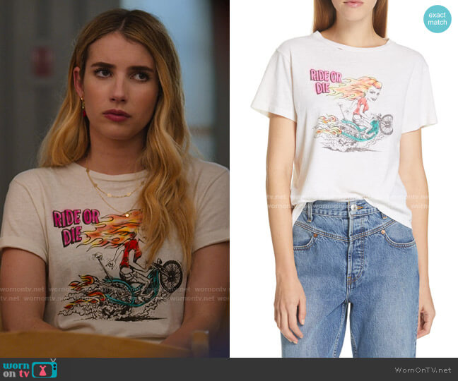 Re/done Ride or Die Classic Graphic Tee worn by Sloan (Emma Roberts) on Holidate (2020)
