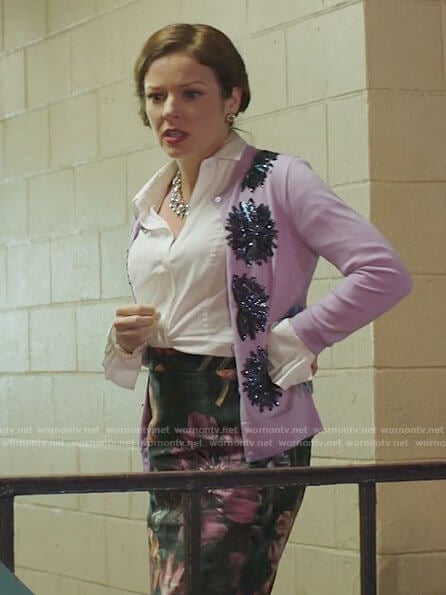 Rose’s purple sequin flower cardigan on Filthy Rich