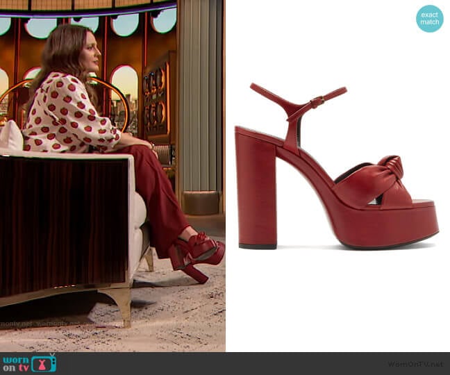 Bianca knotted leather platform sandals by Saint Laurent worn by Drew Barrymore on The Drew Barrymore Show