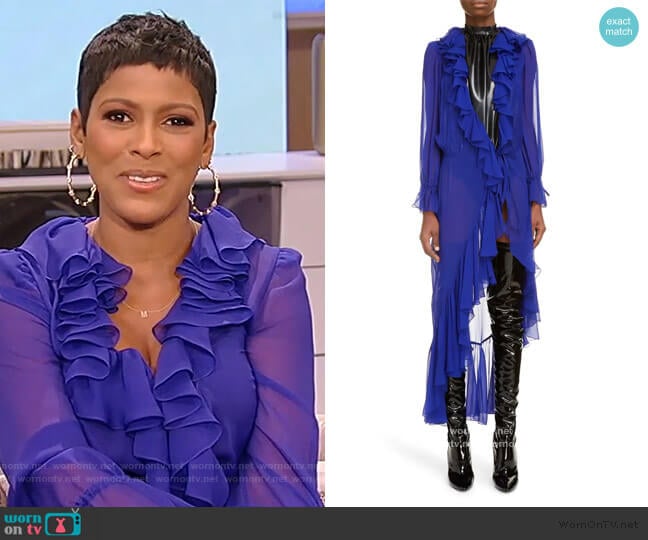 Ruffle Trim Sheer Silk Duster by Saint Laurent worn by Tamron Hall on Tamron Hall Show