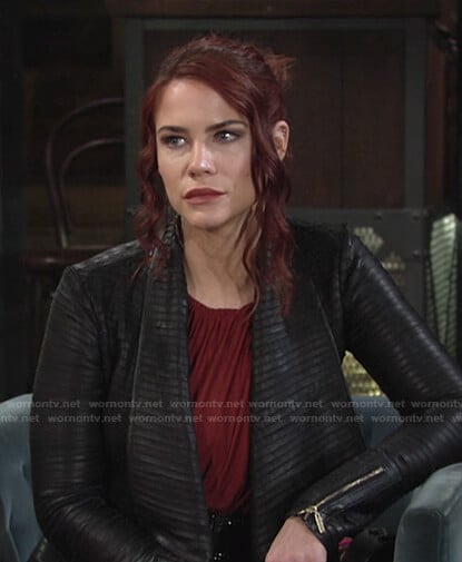 Sally’s black pleated leather jacket on The Young and the Restless