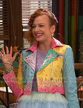 Sasha's pastel colorblock moto jacket on Ravens Home