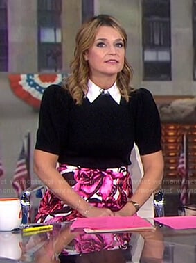 Savannah’s black puff sleeve collared sweater and floral skirt on Today