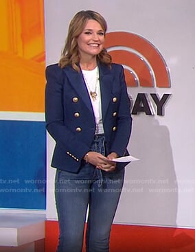 Savannah’s navy blazer and tie waist jeans on Today