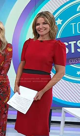 Savannah’s red short sleeve top and pencil skirt on Today