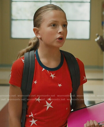 Anna's red star print ringer tee on American Housewife