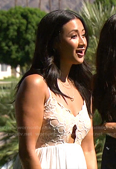 Sydney Maree Lotuaco's white lace cutout mini dress on The Bachelorette