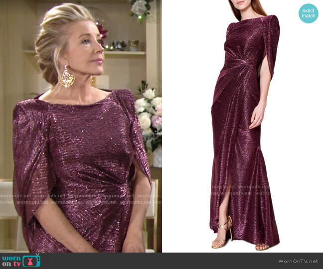 Sprinkled Metallic Voile Drape Back Gown by Talbot Runhof worn by Nikki Reed Newman (Melody Thomas-Scott) on The Young and the Restless