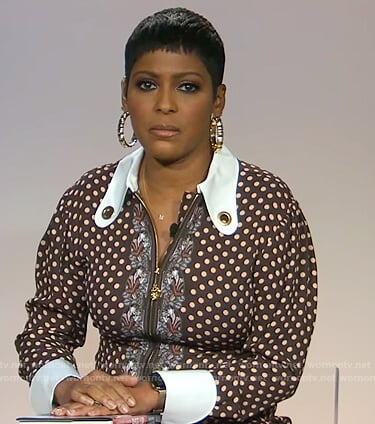 Tamron’s brown polka dot dress on Tamron Hall Show