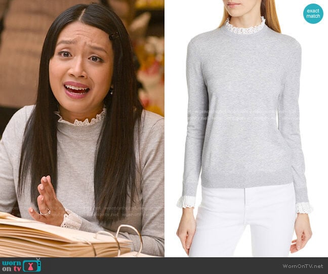 Ted Baker Kaytiie Broderie Lace Collar & Cuff Sweater worn by Liz (Cynthy Wu) on Holidate (2020)