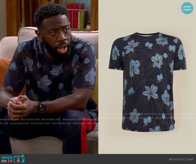 Ted Baker Floral-print cotton-jersey T-shirt worn by Malcom (Sheaun McKinney) on The Neighborhood