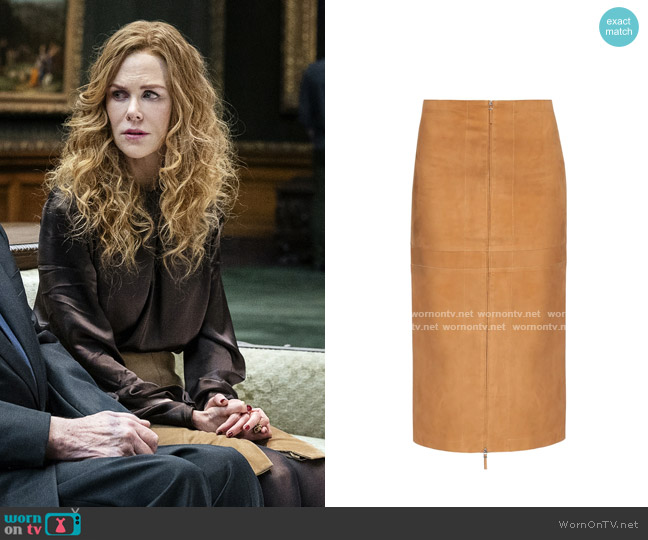 The Row Amika suede midi skirt worn by Grace Fraser (Nicole Kidman) on The Undoing