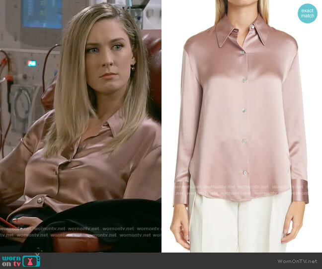 Vince Shaped Collar Silk Blouse in Mauve Orchid worn by Samantha (Briga Heelan) on B Positive